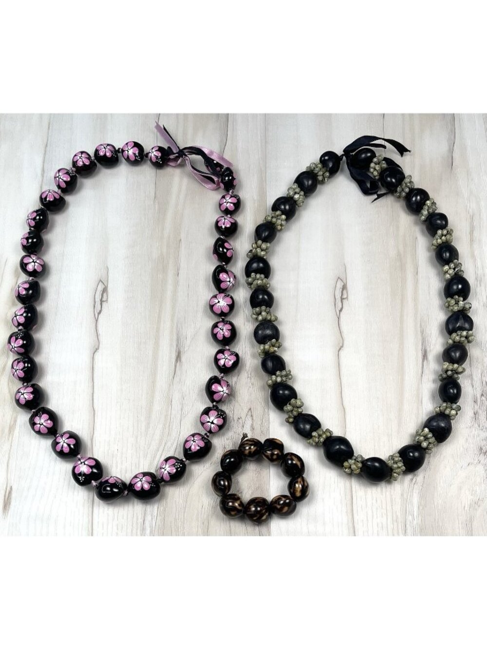 Lot 3 Hawaiian Black Kukui Nut & Gray Shell NECKLACE Lei & Brown Tiger BRACELET